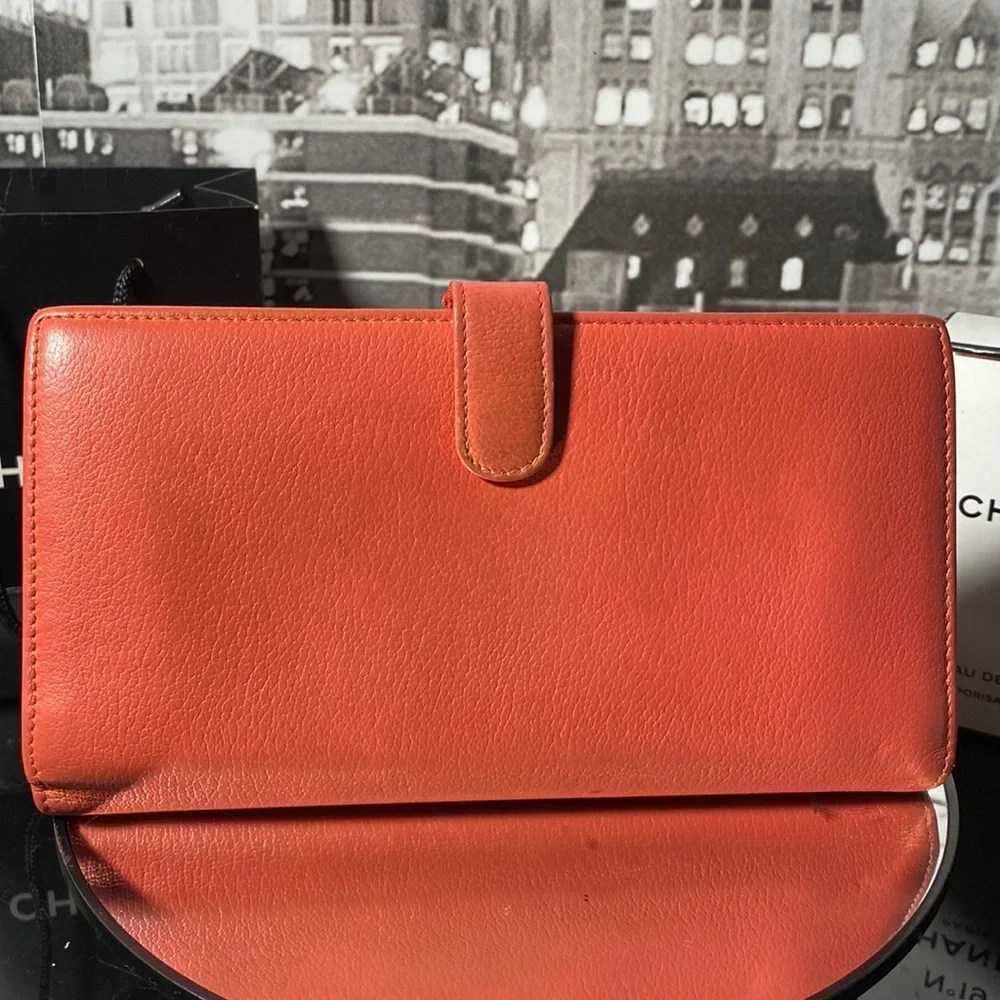 Vintage CHANEL Orange Leather Camellia Chain Wallet (2005)